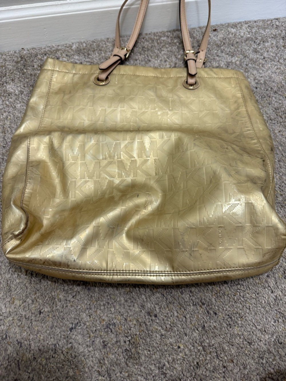 Michael Kors Metallic Gold MK-Logo Tote with Tan Straps